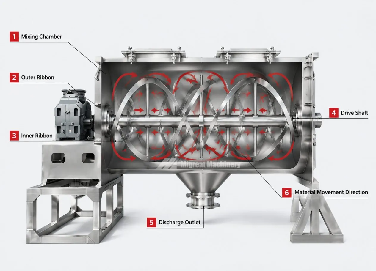 Ribbon blender cross-section with the mixing chamber, outer ribbon, inner ribbon, drive shaft and discharge outlet labelled