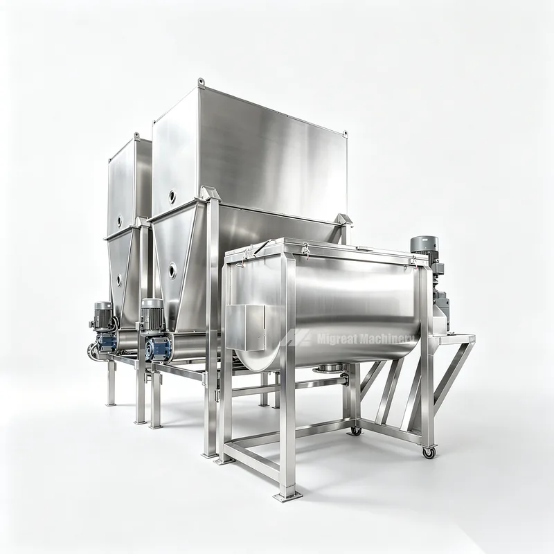 Storage hopper above a ribbon mixer
