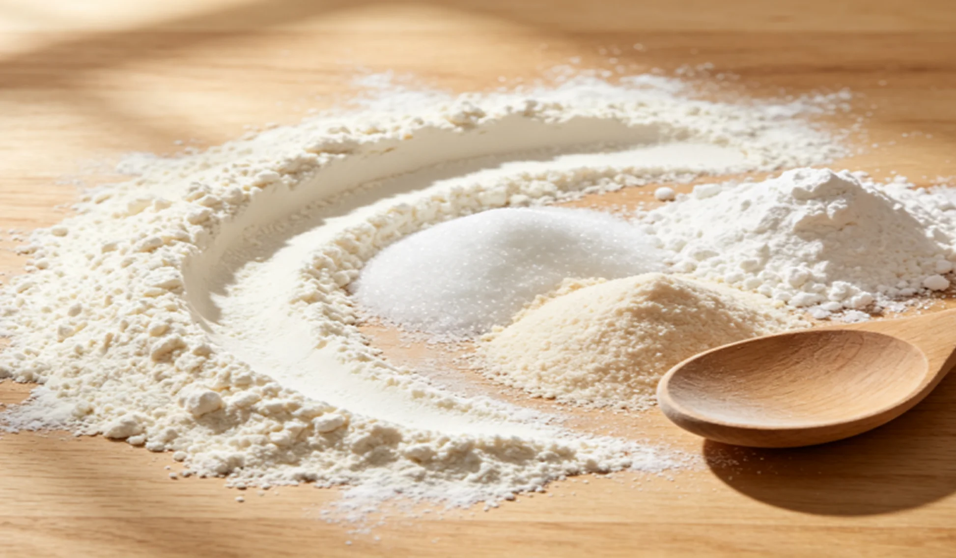 Food and beverage powder ingredients on a wooden table with a wooden spoon