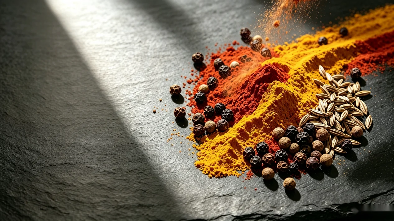 Spice powders and whole peppercorns on slate