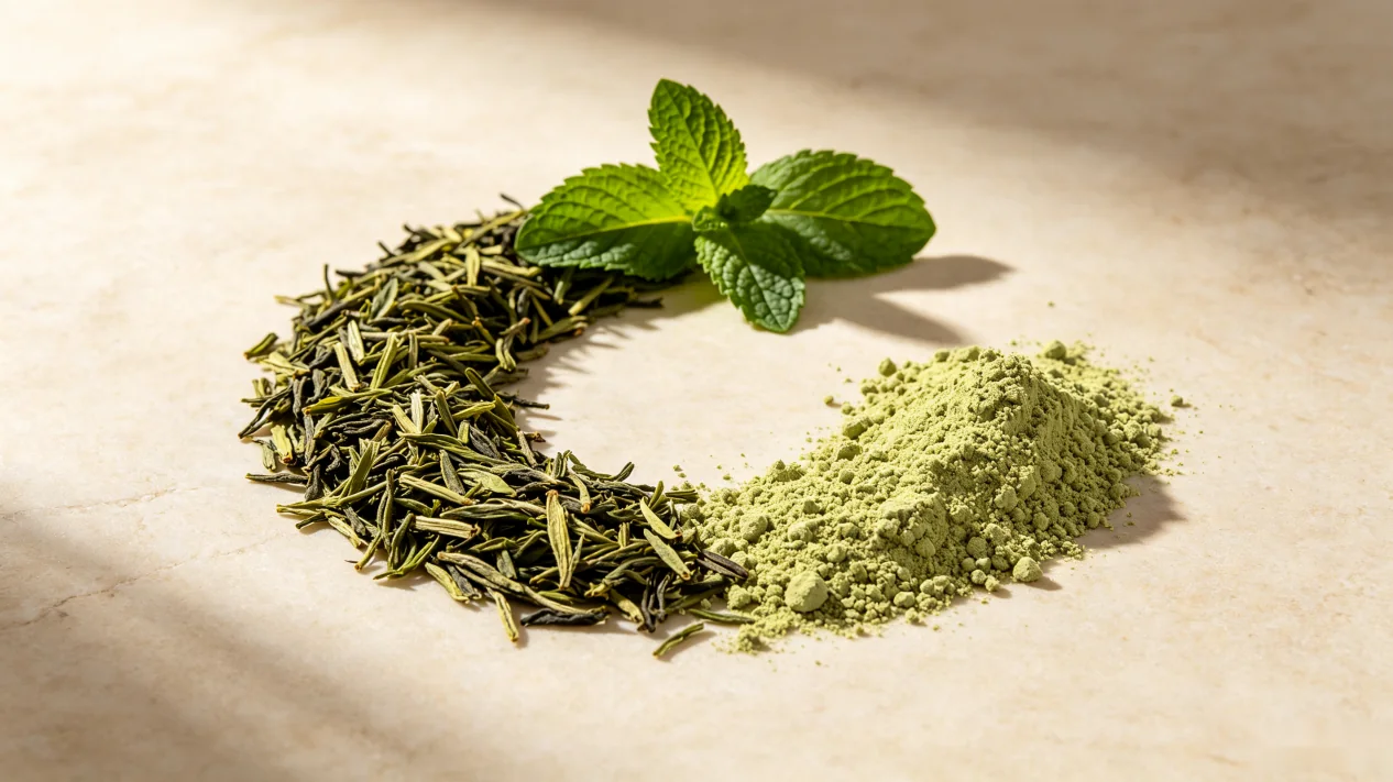 Dried herbs and green botanical powder with a mint leaf