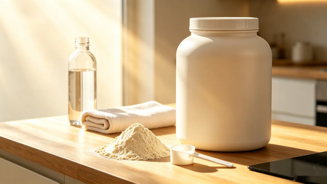 Protein powder and supplement tub on a kitchen counter