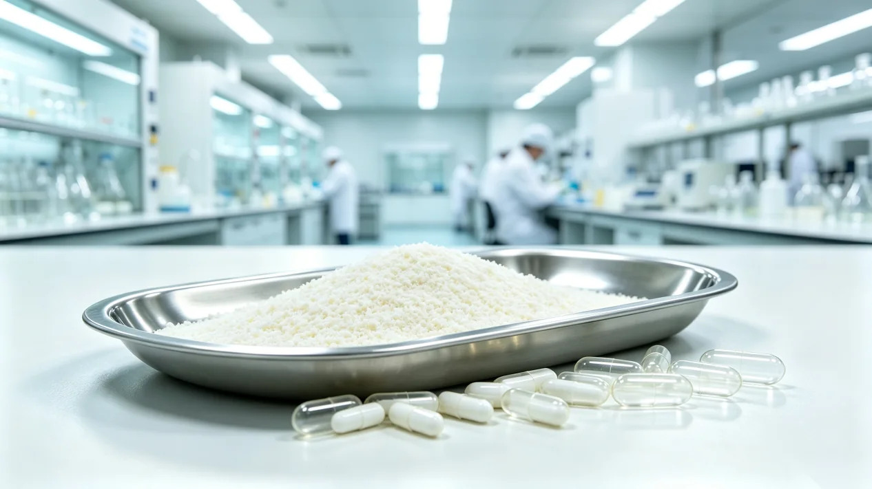 Pharmaceutical powder and capsules on a steel tray in a laboratory