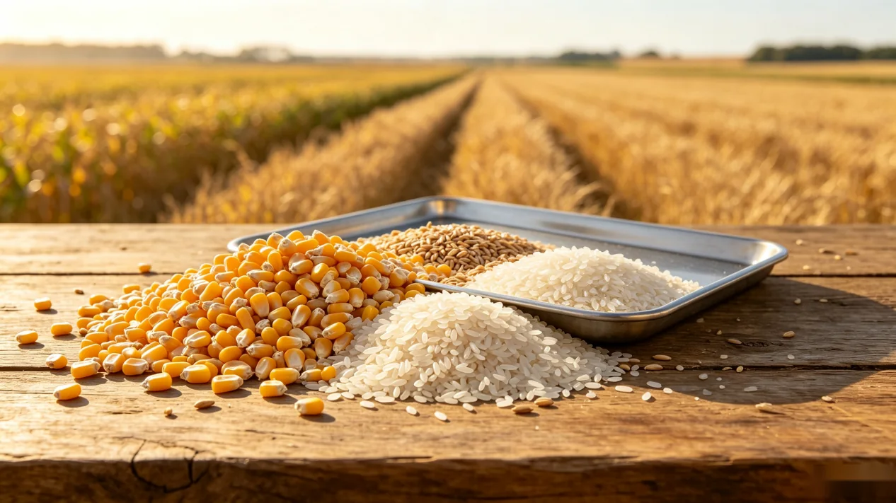 Corn, rice and grain on a wooden table in front of a field