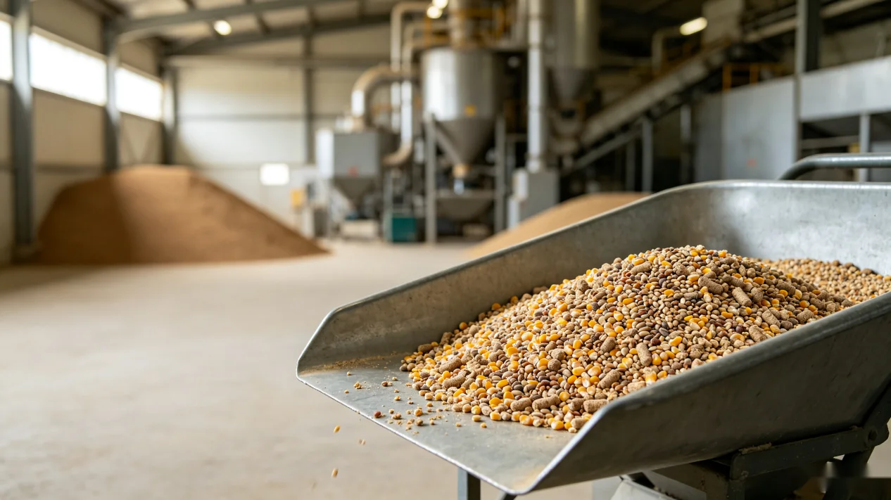 Feed ingredients in a steel scoop inside a feed plant