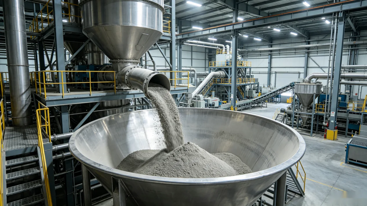 Powder pouring into a steel hopper in a chemical processing plant