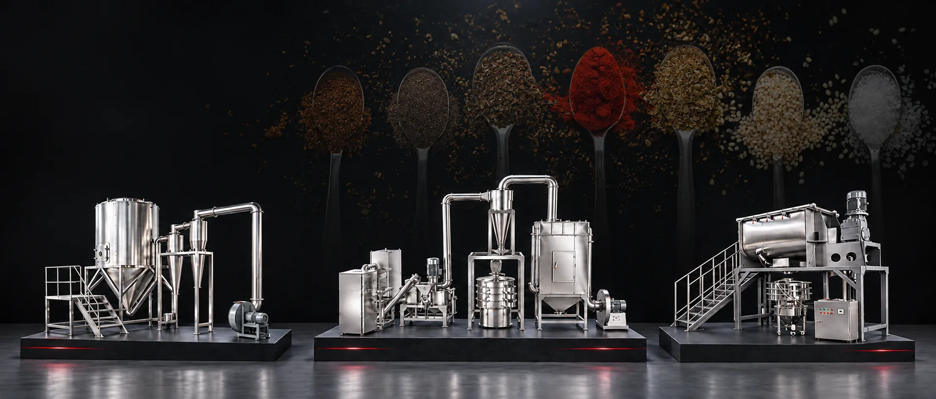 Three Migreat powder processing lines in front of a backdrop of spice spoons