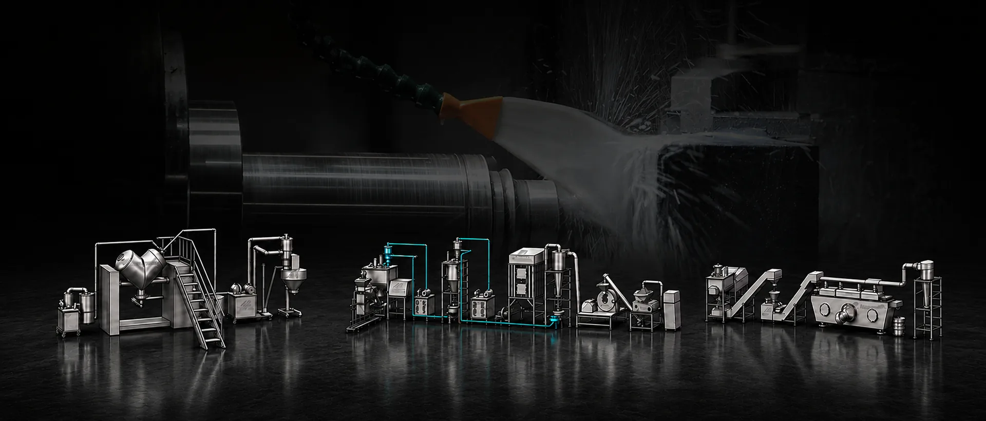 Migreat mixing, grinding and drying lines set against a machining workshop