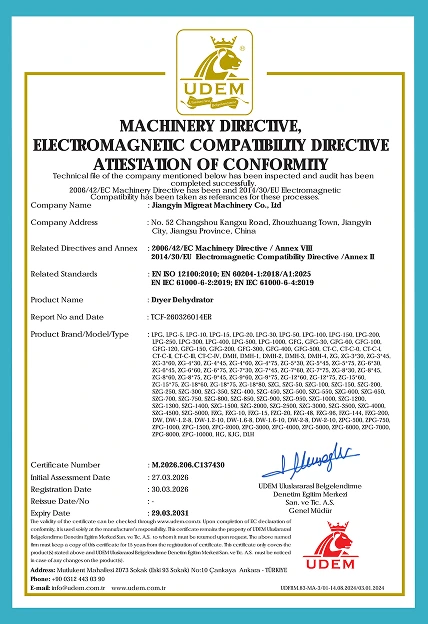 UDEM CE certificate of conformity for Migreat dryer dehydrator