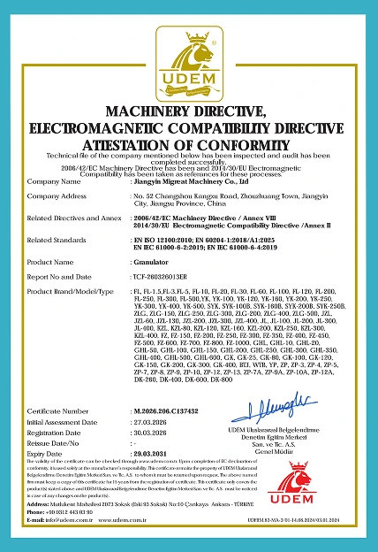 UDEM CE certificate of conformity for Migreat granulator
