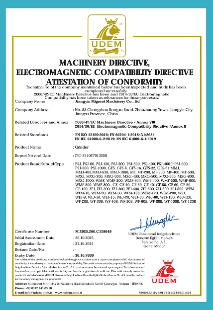 UDEM CE certificate of conformity for Migreat grinder