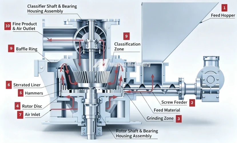 Cutaway diagram of an air classifier mill with labelled parts