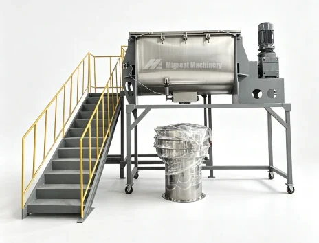 Migreat ribbon blender with access stairs and a vibrating sieve