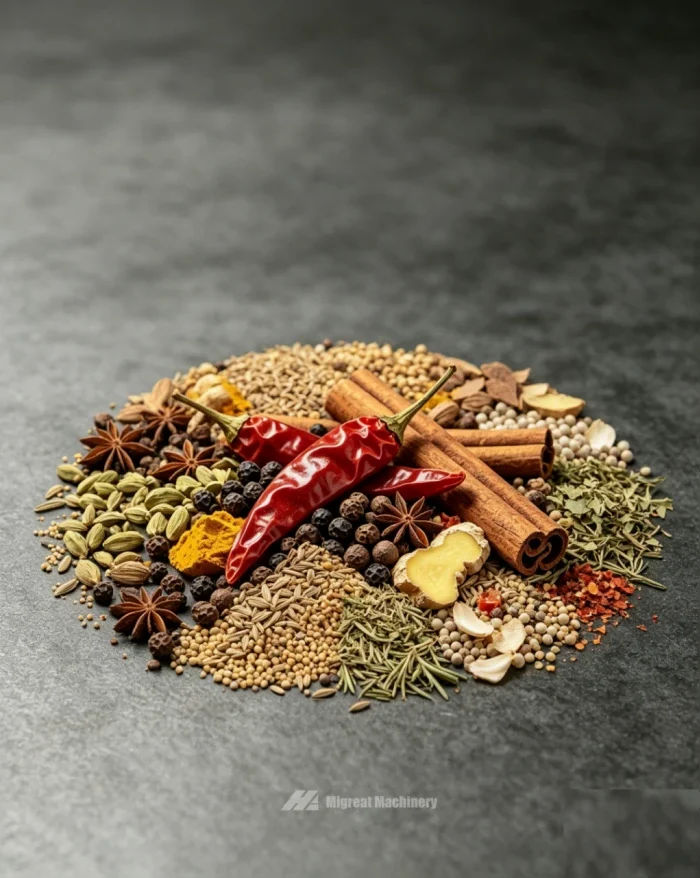 Pile of whole and ground spices on a dark surface