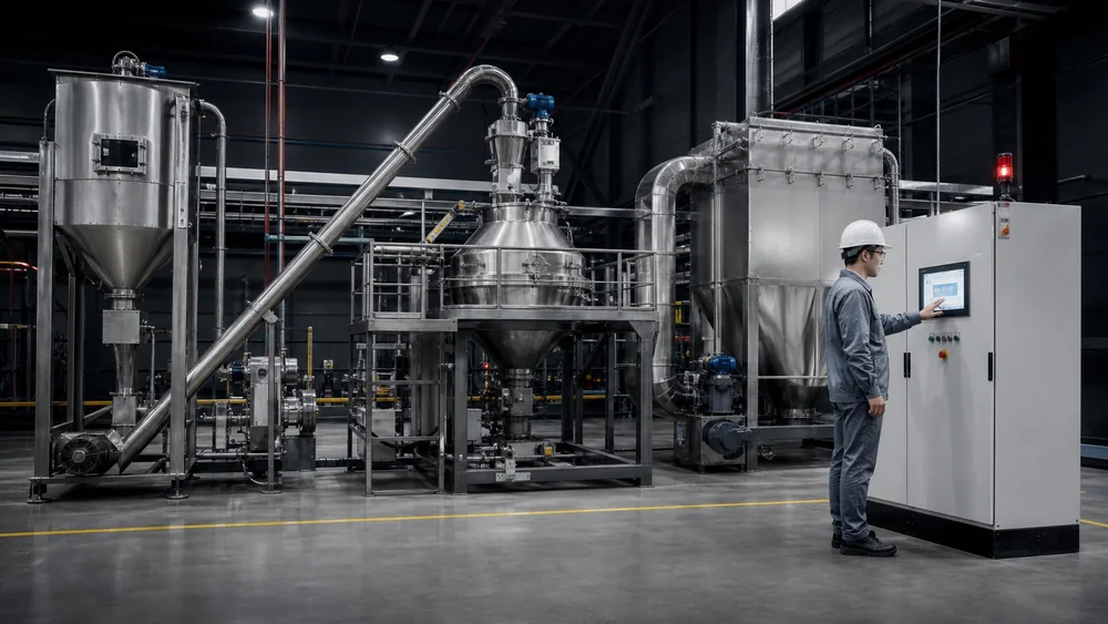 Engineer operating a control panel beside a powder processing line