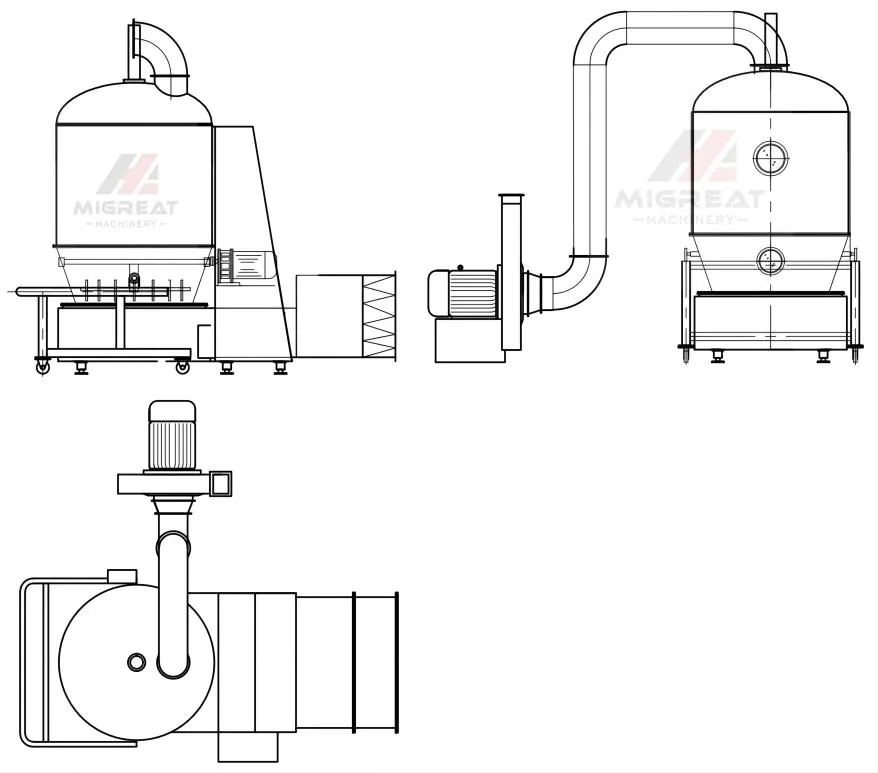 GFG fluid bed dryer drawing in three views