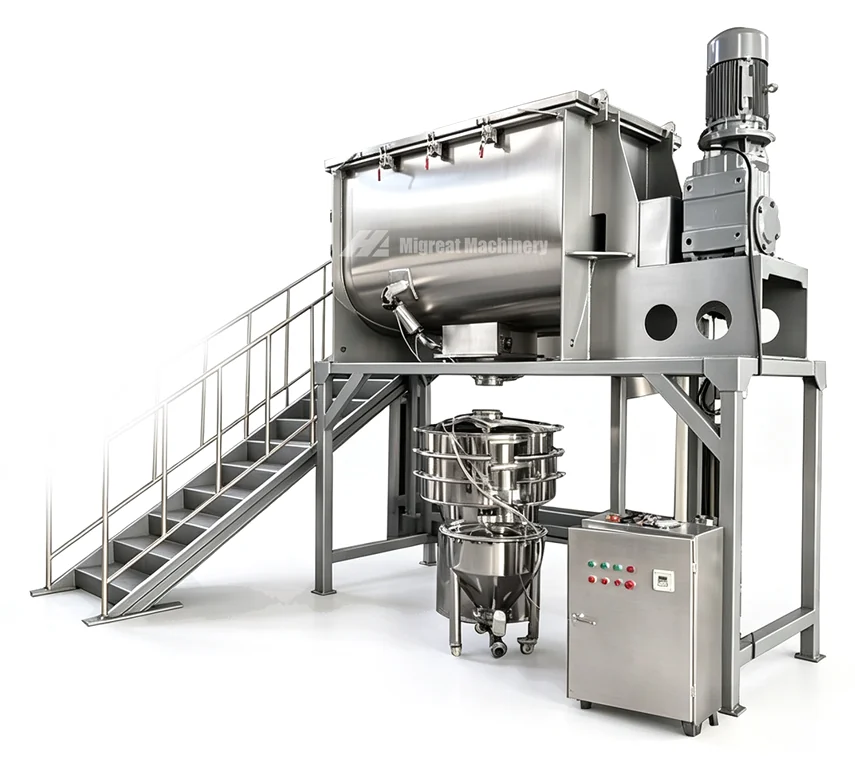 Ribbon mixer with platform and control cabinet